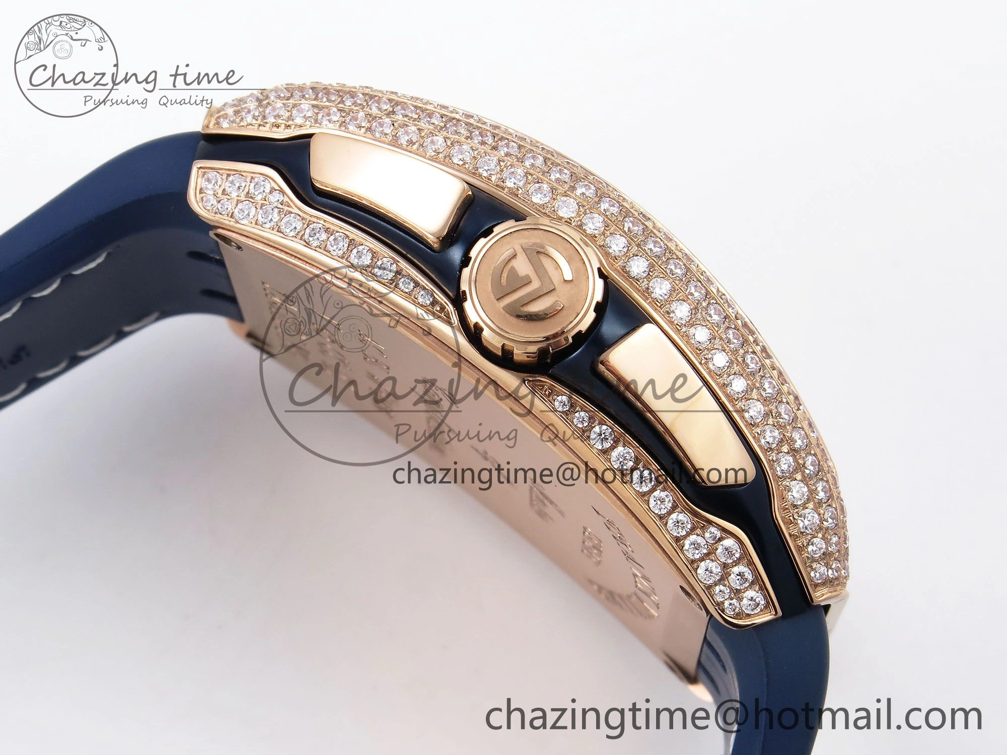 FashionForward Vanguard Chrono RG ABF 1:1 Best Edition Blue Dial Full Diamonds on Blue Leather Strap A 6500