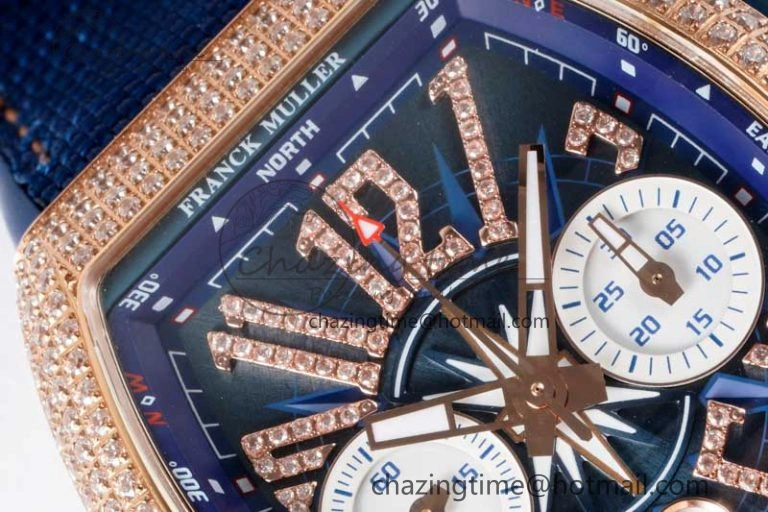 Affordable Vanguard Chrono RG ABF 1:1 Best Edition Diamonds Bezel Blue Textured Dial on Blue Nylon Strap A 6516