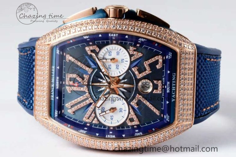 Affordable Vanguard Chrono RG ABF 1:1 Best Edition Diamonds Bezel Blue Textured Dial on Blue Nylon Strap A 6516