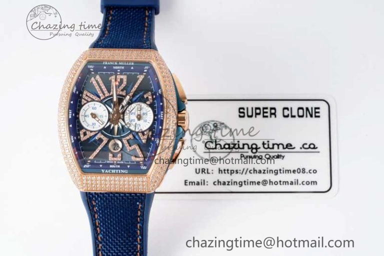 Affordable Vanguard Chrono RG ABF 1:1 Best Edition Diamonds Bezel Blue Textured Dial on Blue Nylon Strap A 6516