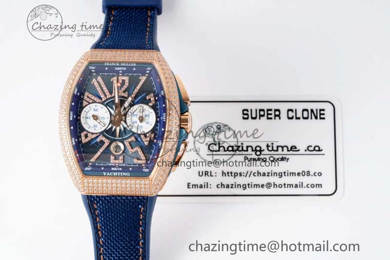 Affordable Vanguard Chrono RG ABF 1:1 Best Edition Diamonds Bezel Blue Textured Dial on Blue Nylon Strap A 6516