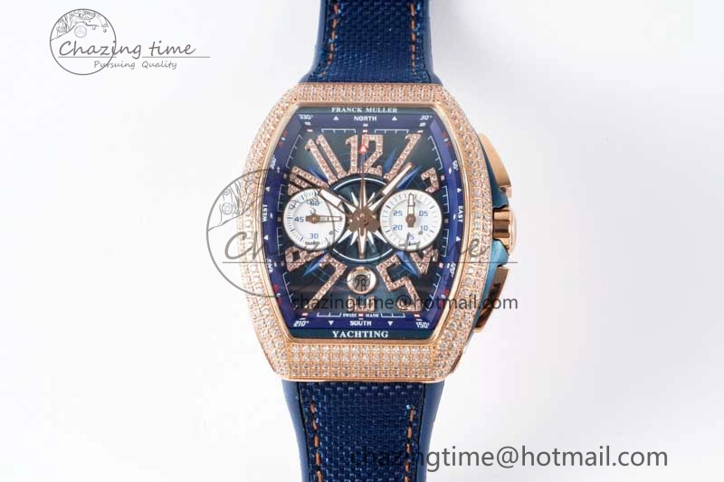 Affordable Vanguard Chrono RG ABF 1:1 Best Edition Diamonds Bezel Blue Textured Dial on Blue Nylon Strap A 6516