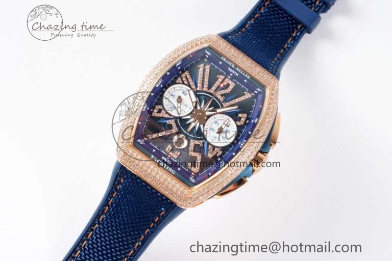 Affordable Vanguard Chrono RG ABF 1:1 Best Edition Diamonds Bezel Blue Textured Dial on Blue Nylon Strap A 6516