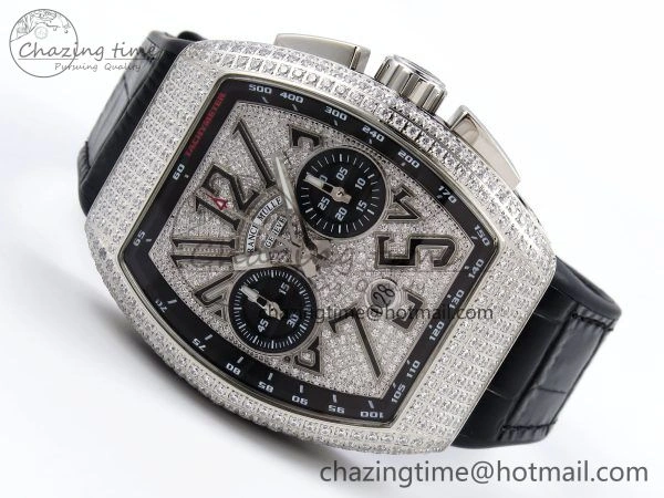Attractive Vanguard Chrono SS ABF 1:1 Best Edition Black Dial Full Diamonds on Black Leather Strap A 6497