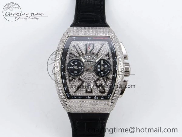 Attractive Vanguard Chrono SS ABF 1:1 Best Edition Black Dial Full Diamonds on Black Leather Strap A 6497