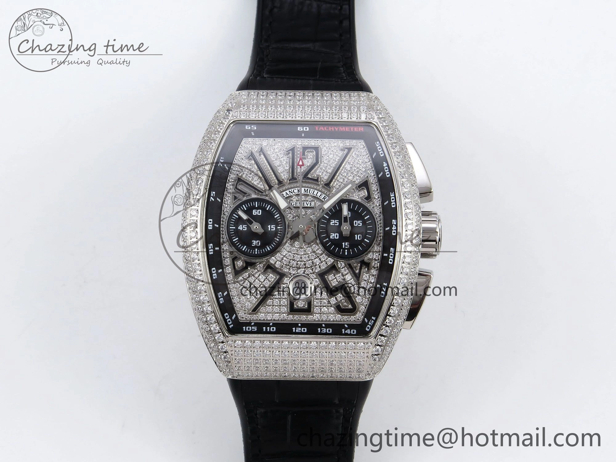 Attractive Vanguard Chrono SS ABF 1:1 Best Edition Black Dial Full Diamonds on Black Leather Strap A 6497