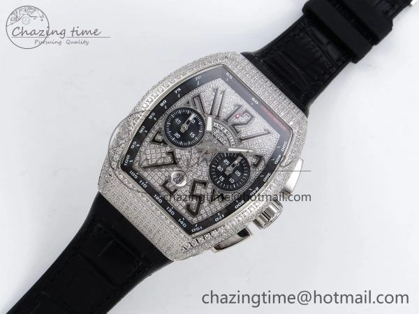 Attractive Vanguard Chrono SS ABF 1:1 Best Edition Black Dial Full Diamonds on Black Leather Strap A 6497
