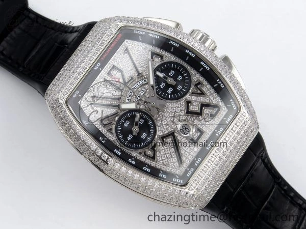 Attractive Vanguard Chrono SS ABF 1:1 Best Edition Black Dial Full Diamonds on Black Leather Strap A 6497