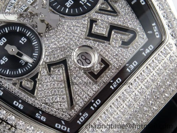 Attractive Vanguard Chrono SS ABF 1:1 Best Edition Black Dial Full Diamonds on Black Leather Strap A 6497