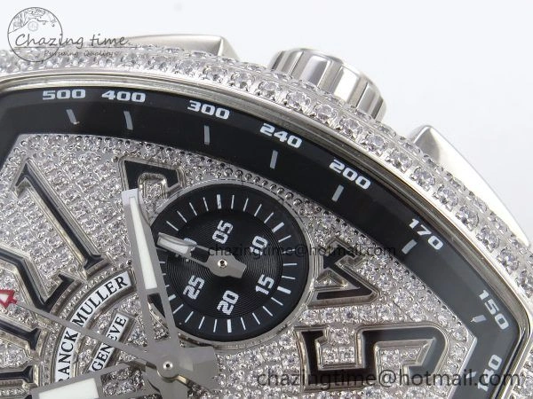 Attractive Vanguard Chrono SS ABF 1:1 Best Edition Black Dial Full Diamonds on Black Leather Strap A 6497