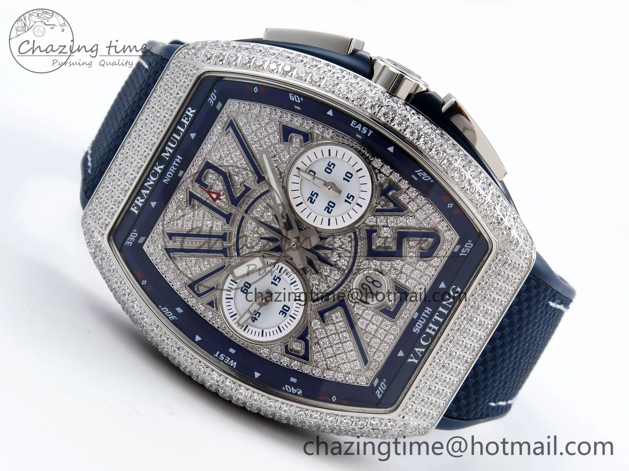 Vanguard Chrono SS ABF 1:1 Best Edition Blue Dial Full Diamonds on Blue Nylon Strap A Supportive 6503
