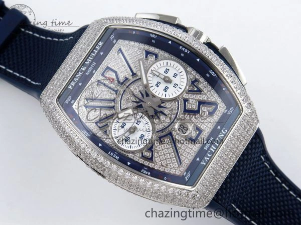 Vanguard Chrono SS ABF 1:1 Best Edition Blue Dial Full Diamonds on Blue Nylon Strap A Supportive 6503