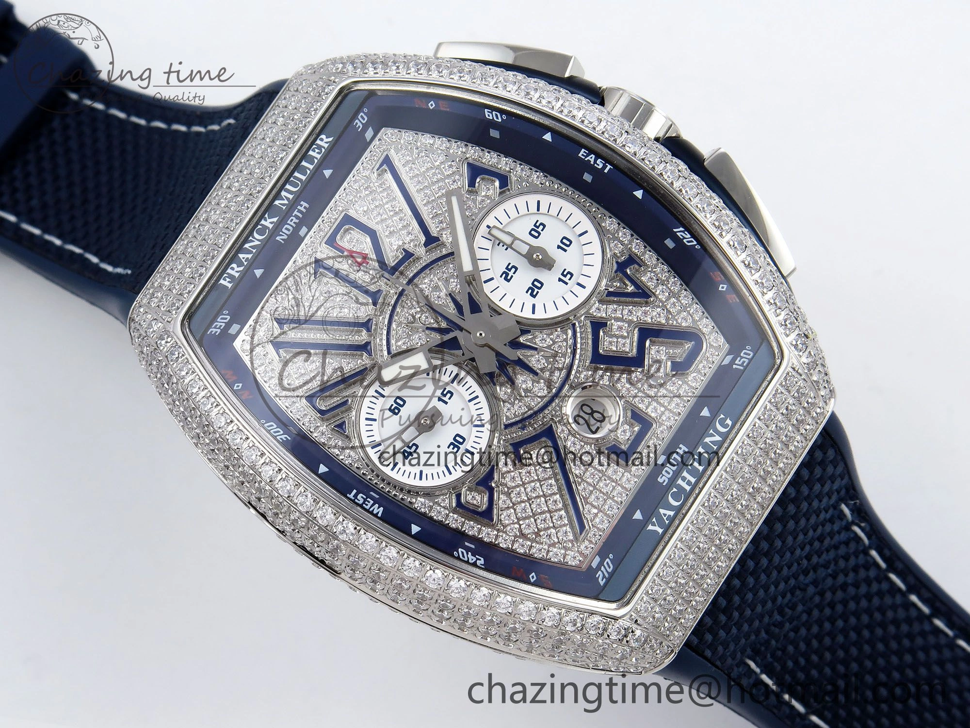 Vanguard Chrono SS ABF 1:1 Best Edition Blue Dial Full Diamonds on Blue Nylon Strap A Supportive 6503