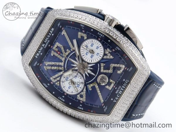 Flexible Vanguard Chrono SS Diamonds ABF 1:1 Best Edition Blue Textured Dial on Blue Leather Strap A 6504