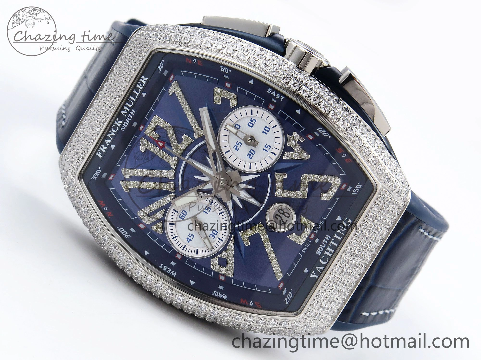 Flexible Vanguard Chrono SS Diamonds ABF 1:1 Best Edition Blue Textured Dial on Blue Leather Strap A 6504