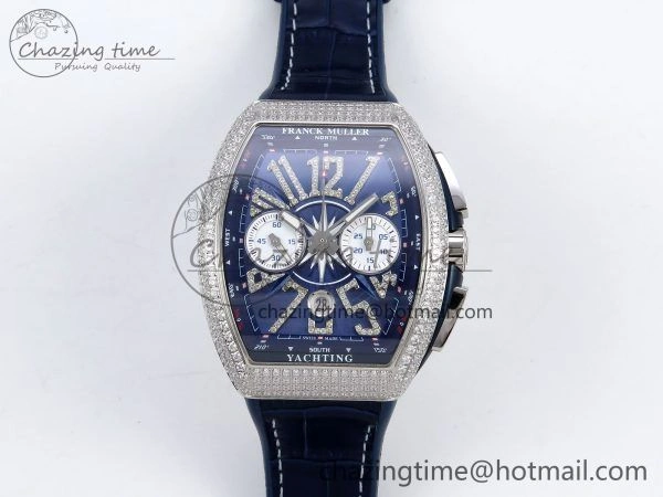 Flexible Vanguard Chrono SS Diamonds ABF 1:1 Best Edition Blue Textured Dial on Blue Leather Strap A 6504