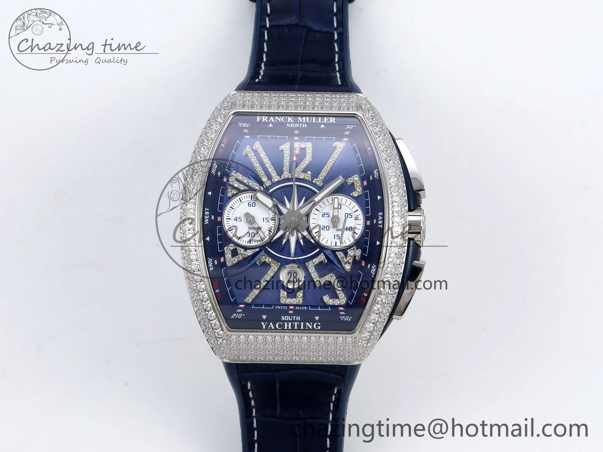 Flexible Vanguard Chrono SS Diamonds ABF 1:1 Best Edition Blue Textured Dial on Blue Leather Strap A 6504