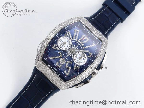 Flexible Vanguard Chrono SS Diamonds ABF 1:1 Best Edition Blue Textured Dial on Blue Leather Strap A 6504