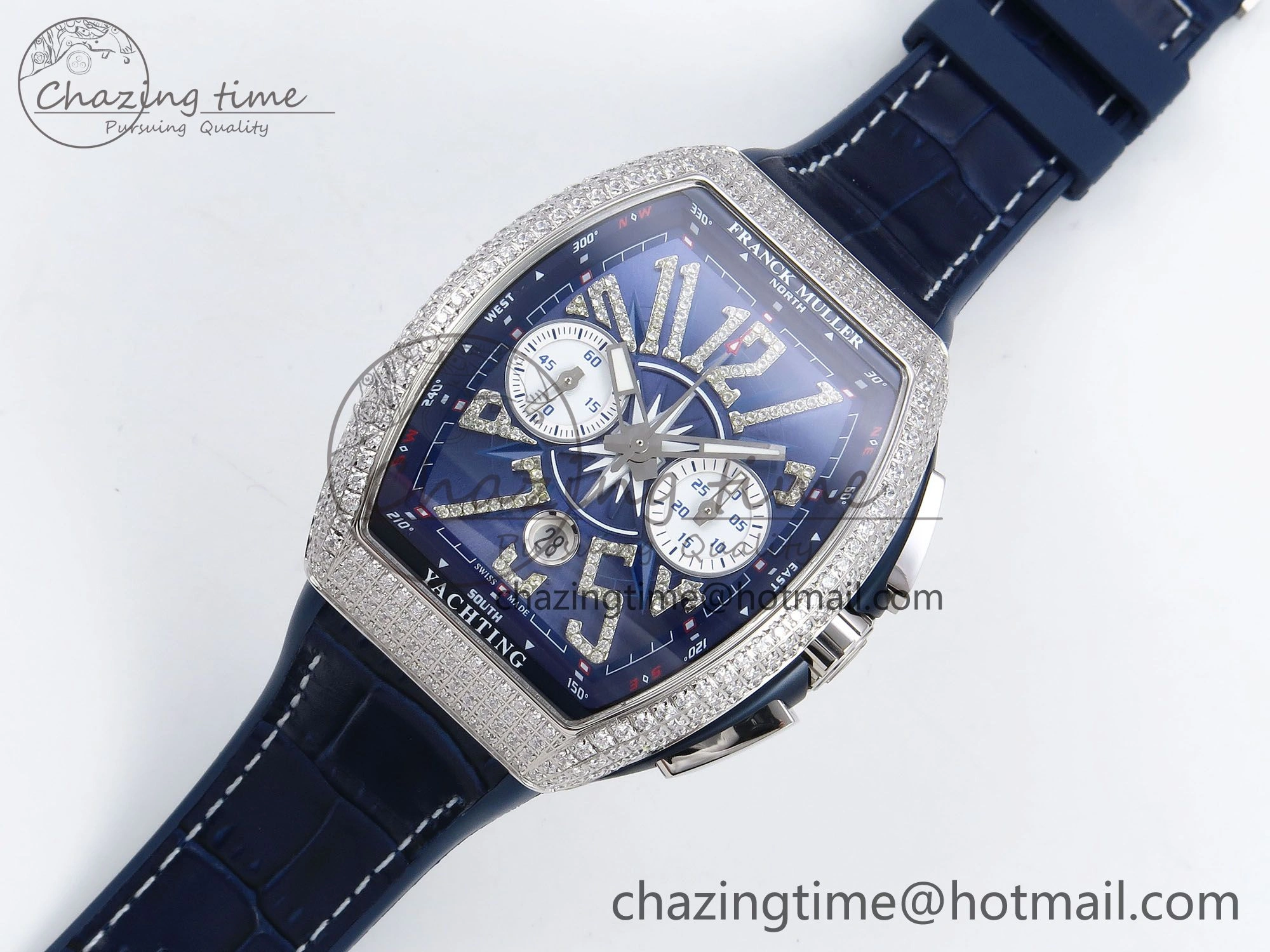 Flexible Vanguard Chrono SS Diamonds ABF 1:1 Best Edition Blue Textured Dial on Blue Leather Strap A 6504