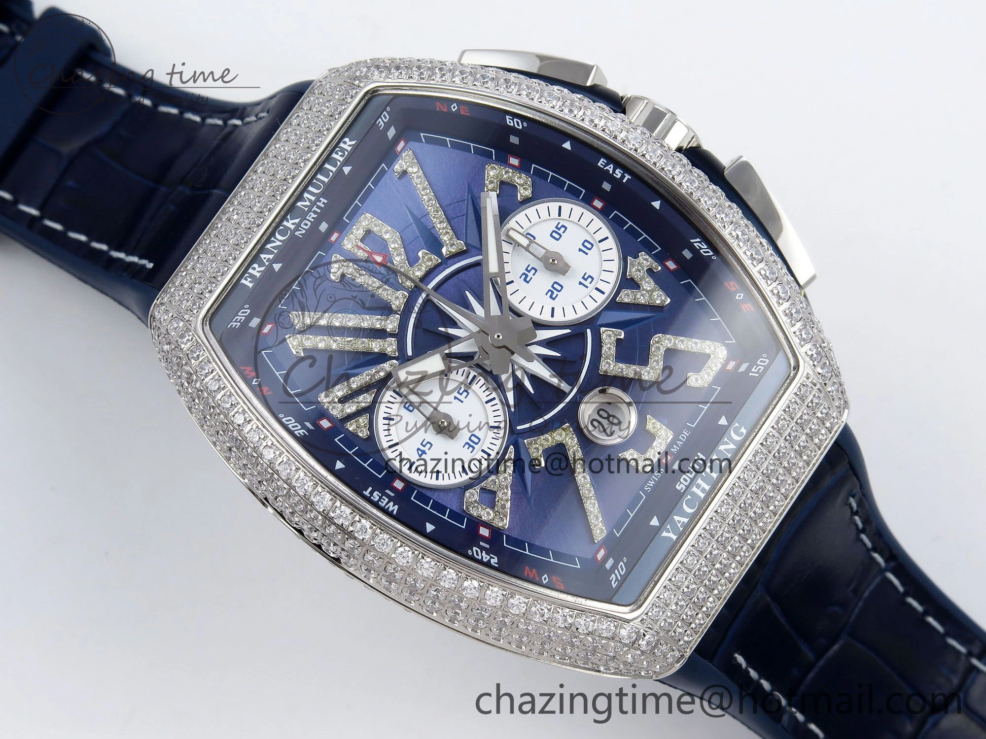 Flexible Vanguard Chrono SS Diamonds ABF 1:1 Best Edition Blue Textured Dial on Blue Leather Strap A 6504
