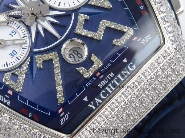 Flexible Vanguard Chrono SS Diamonds ABF 1:1 Best Edition Blue Textured Dial on Blue Leather Strap A 6504