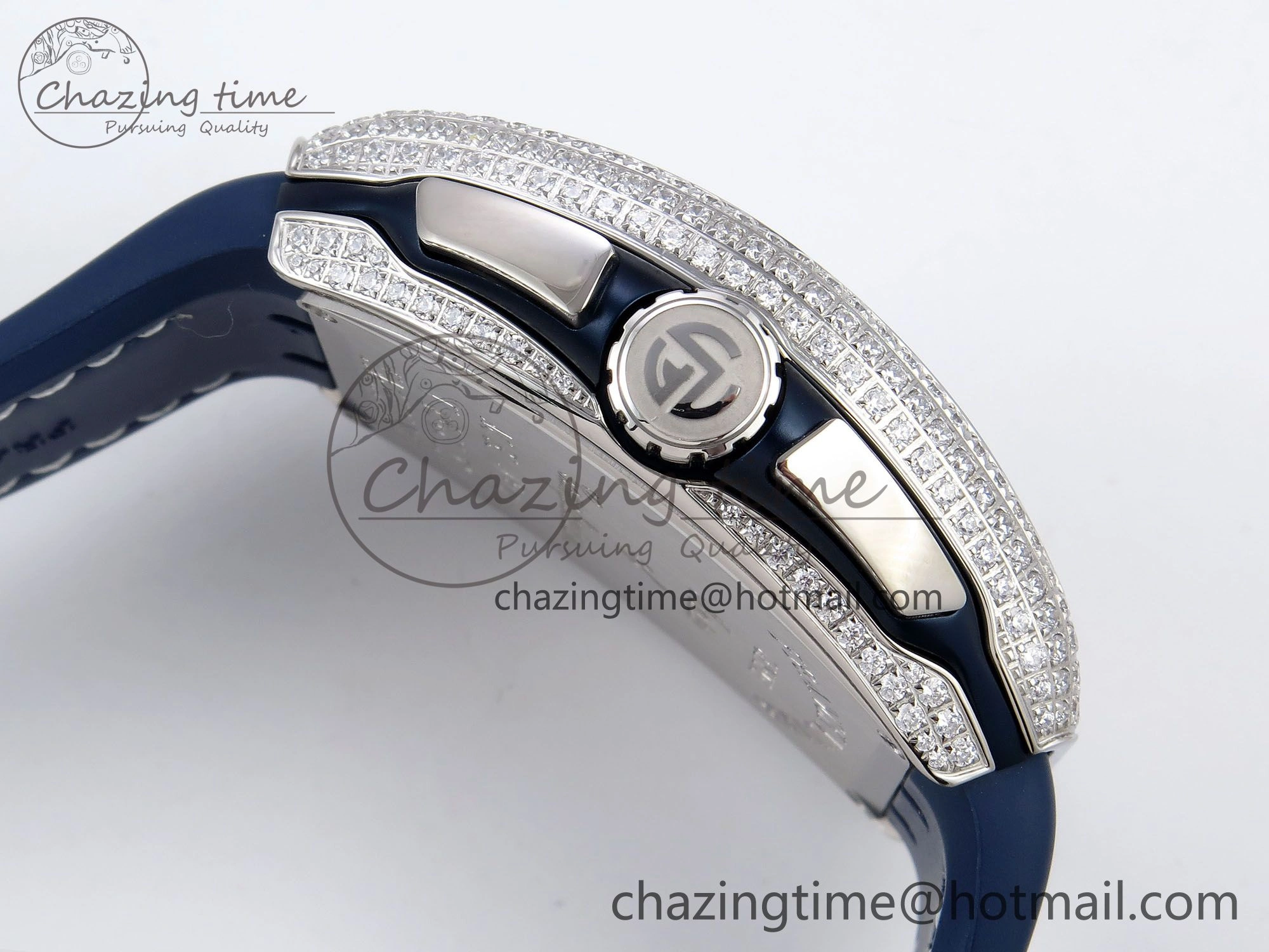 Flexible Vanguard Chrono SS Diamonds ABF 1:1 Best Edition Blue Textured Dial on Blue Leather Strap A 6504