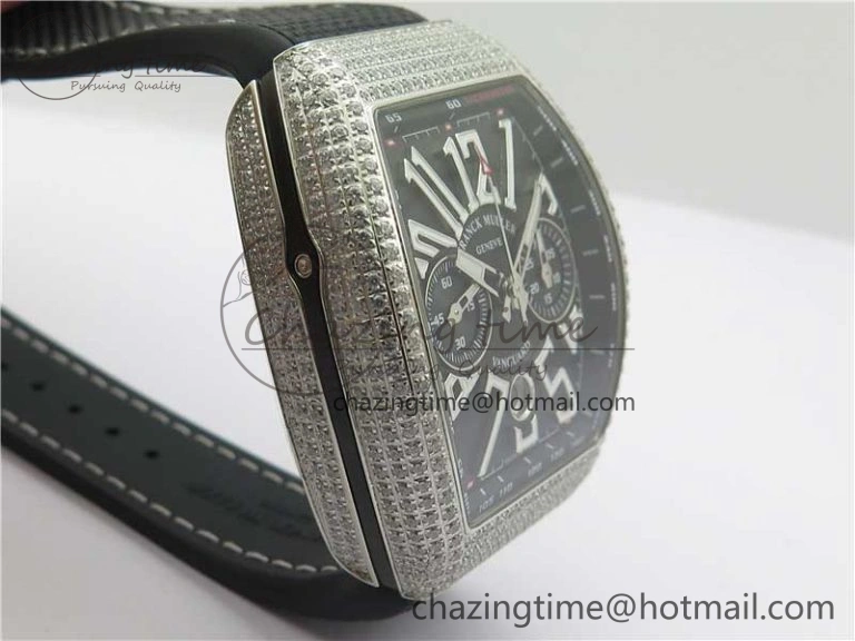 Vanguard V45 Chrono Brushed SS Pave Crystals ABF Best Edition Black Dial on Rubber Strap A NewStyle 6535