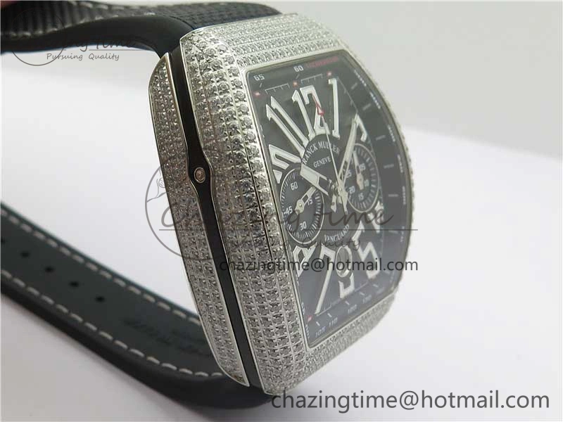 Vanguard V45 Chrono Brushed SS Pave Crystals ABF Best Edition Black Dial on Rubber Strap A NewStyle 6535