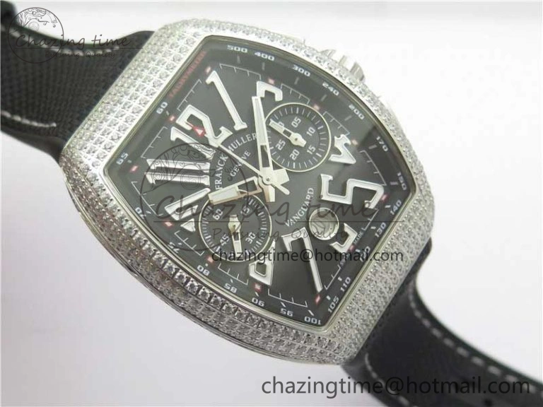 Vanguard V45 Chrono Brushed SS Pave Crystals ABF Best Edition Black Dial on Rubber Strap A NewStyle 6535