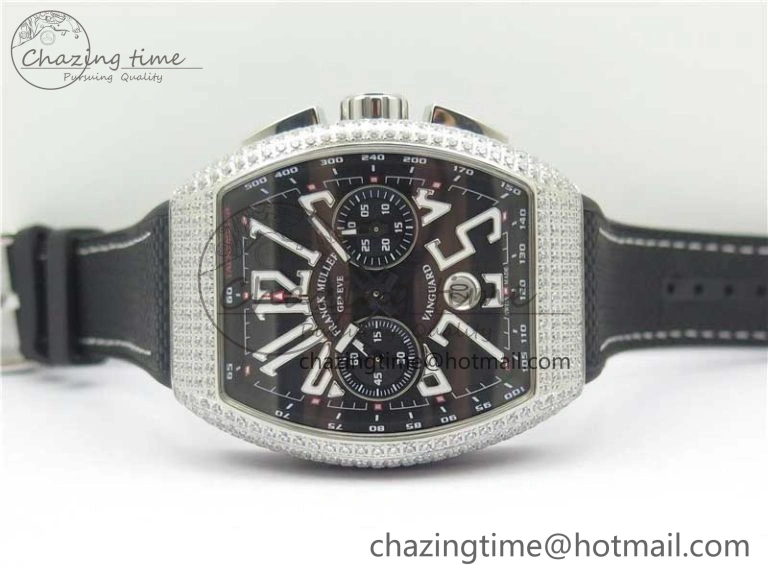 Vanguard V45 Chrono Brushed SS Pave Crystals ABF Best Edition Black Dial on Rubber Strap A NewStyle 6535