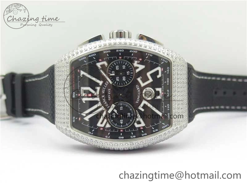Vanguard V45 Chrono Brushed SS Pave Crystals ABF Best Edition Black Dial on Rubber Strap A NewStyle 6535