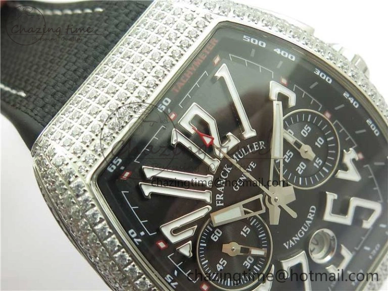 Vanguard V45 Chrono Brushed SS Pave Crystals ABF Best Edition Black Dial on Rubber Strap A NewStyle 6535