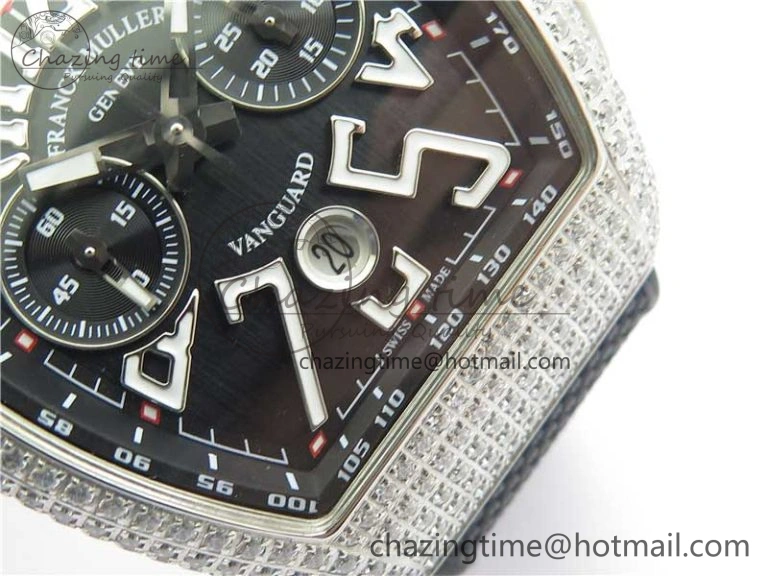 Vanguard V45 Chrono Brushed SS Pave Crystals ABF Best Edition Black Dial on Rubber Strap A NewStyle 6535