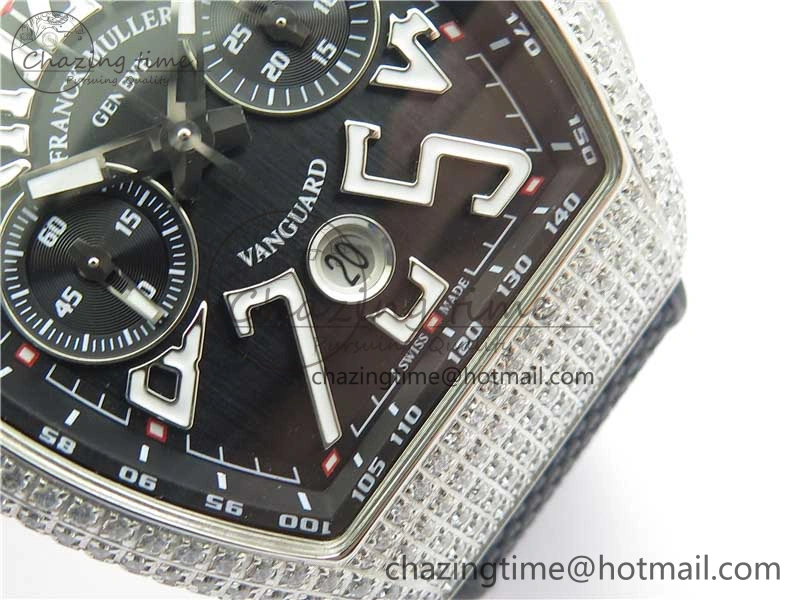 Vanguard V45 Chrono Brushed SS Pave Crystals ABF Best Edition Black Dial on Rubber Strap A NewStyle 6535
