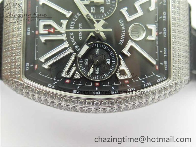 Vanguard V45 Chrono Brushed SS Pave Crystals ABF Best Edition Black Dial on Rubber Strap A NewStyle 6535