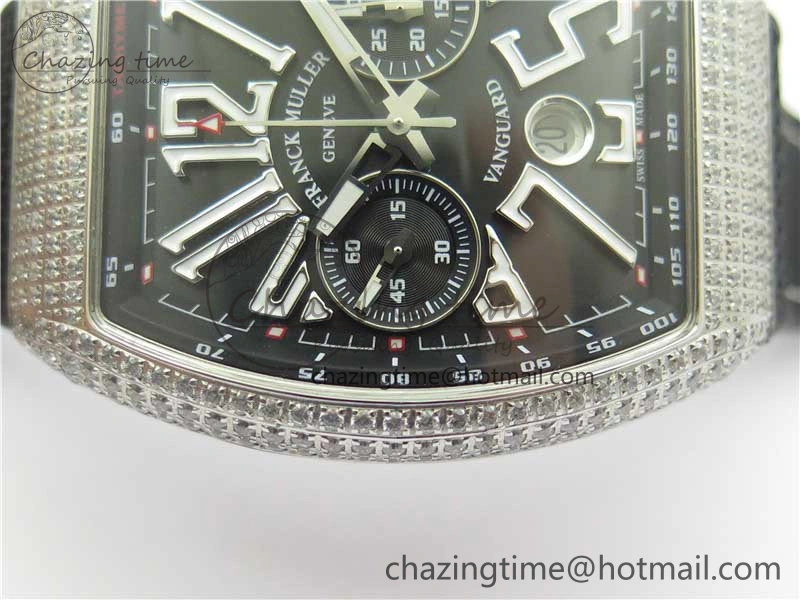 Vanguard V45 Chrono Brushed SS Pave Crystals ABF Best Edition Black Dial on Rubber Strap A NewStyle 6535