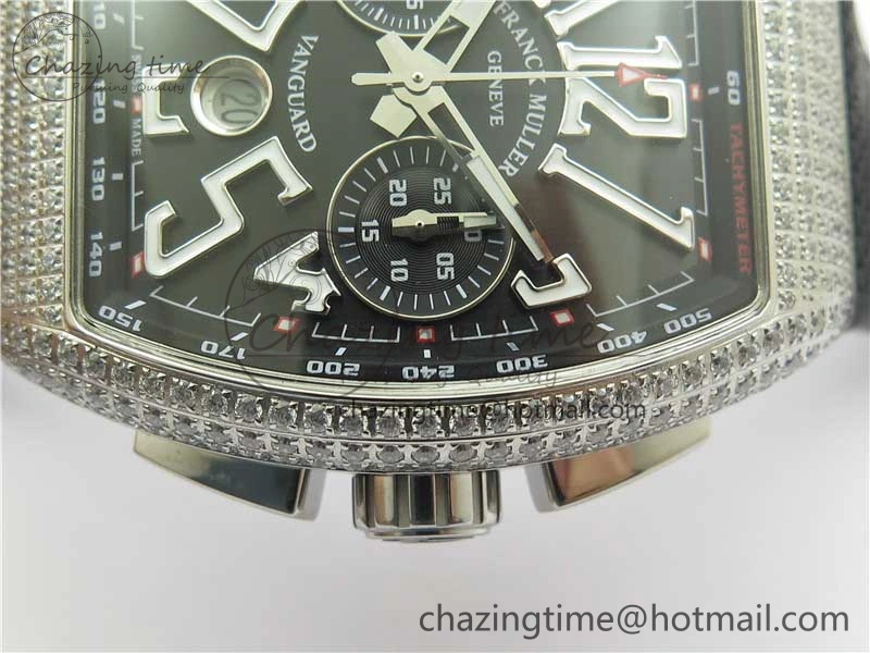 Vanguard V45 Chrono Brushed SS Pave Crystals ABF Best Edition Black Dial on Rubber Strap A NewStyle 6535