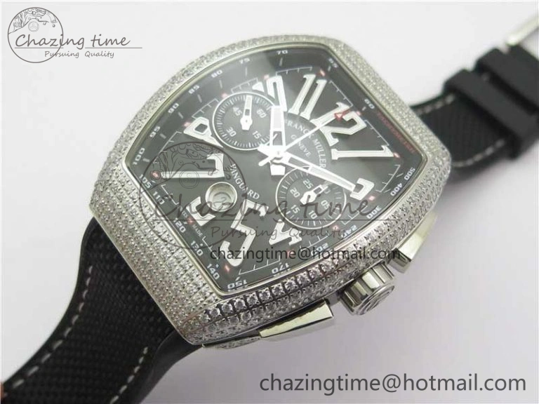 Vanguard V45 Chrono Brushed SS Pave Crystals ABF Best Edition Black Dial on Rubber Strap A NewStyle 6535