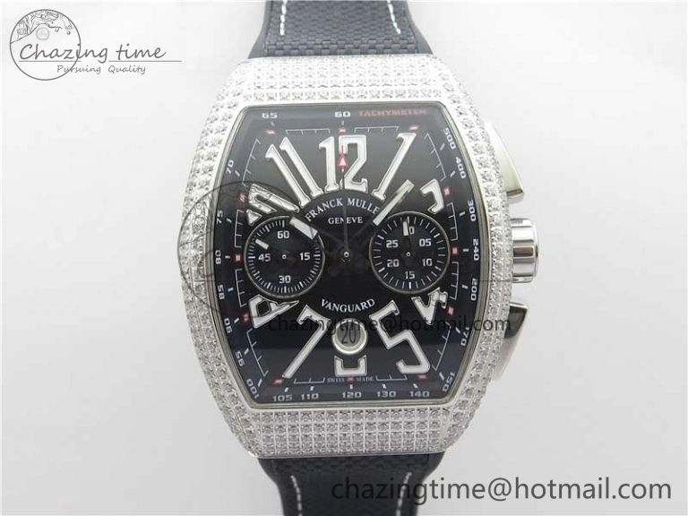 Vanguard V45 Chrono Brushed SS Pave Crystals ABF Best Edition Black Dial on Rubber Strap A NewStyle 6535