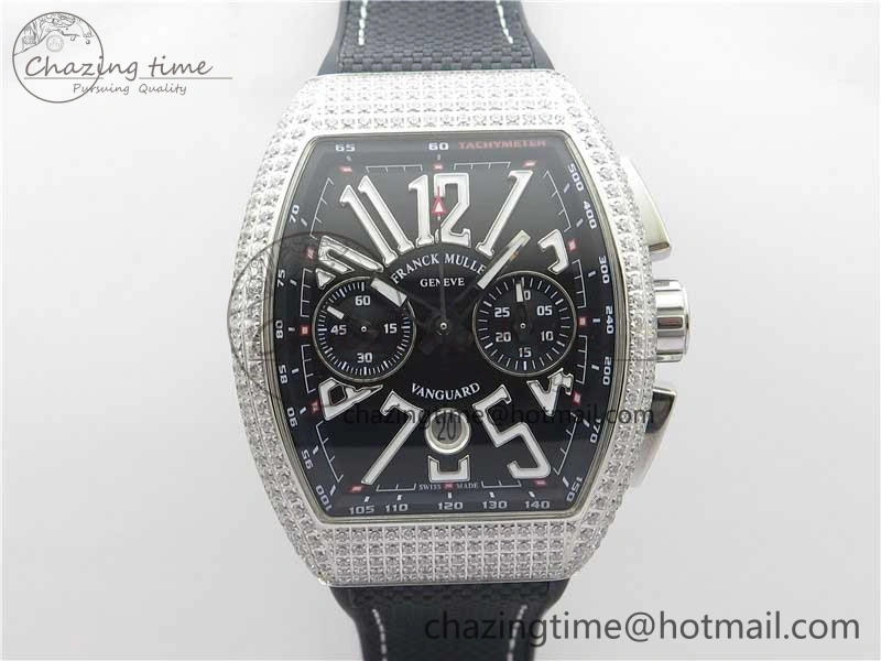 Vanguard V45 Chrono Brushed SS Pave Crystals ABF Best Edition Black Dial on Rubber Strap A NewStyle 6535