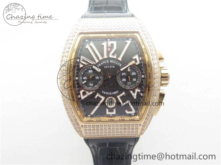 Compact Vanguard V45 Chrono RG Pave Crystals Gold Inner Bezel ABF Best Edition Black Dial on Leather Strap A 6532