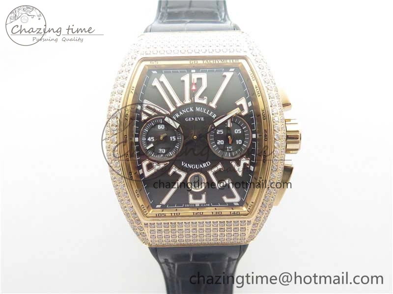 Compact Vanguard V45 Chrono RG Pave Crystals Gold Inner Bezel ABF Best Edition Black Dial on Leather Strap A 6532