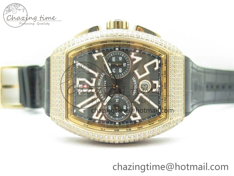 Compact Vanguard V45 Chrono RG Pave Crystals Gold Inner Bezel ABF Best Edition Black Dial on Leather Strap A 6532