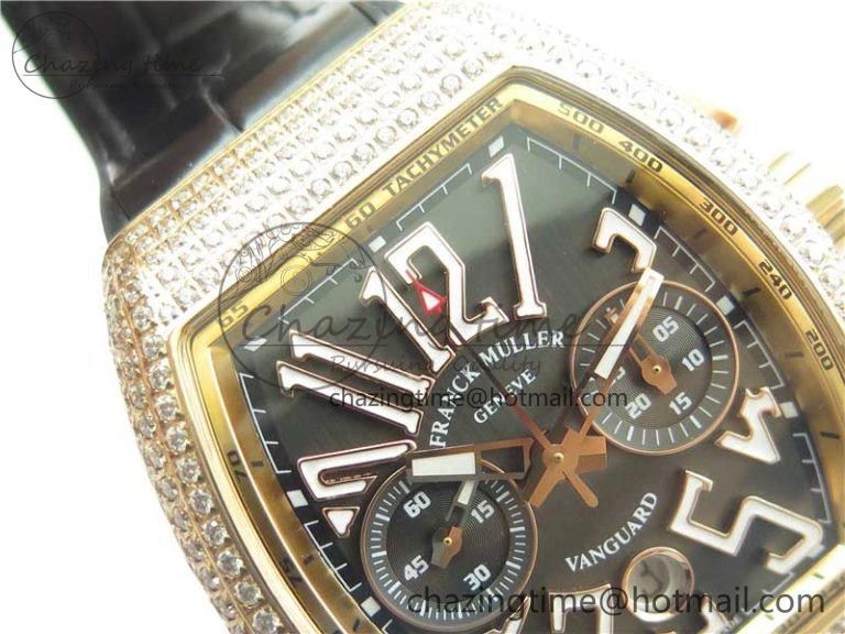 Compact Vanguard V45 Chrono RG Pave Crystals Gold Inner Bezel ABF Best Edition Black Dial on Leather Strap A 6532
