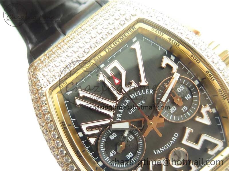 Compact Vanguard V45 Chrono RG Pave Crystals Gold Inner Bezel ABF Best Edition Black Dial on Leather Strap A 6532