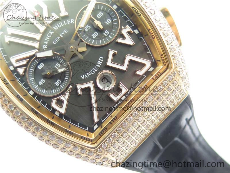 Compact Vanguard V45 Chrono RG Pave Crystals Gold Inner Bezel ABF Best Edition Black Dial on Leather Strap A 6532
