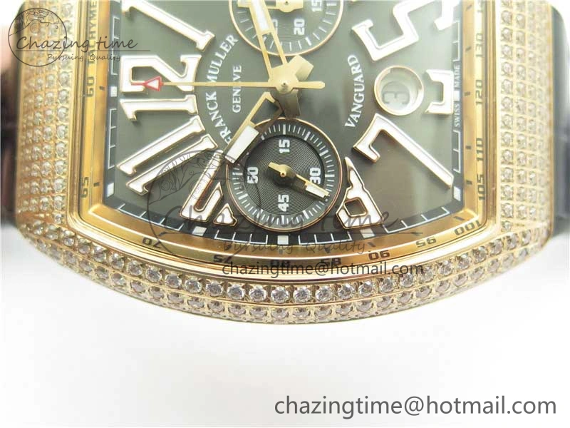 Compact Vanguard V45 Chrono RG Pave Crystals Gold Inner Bezel ABF Best Edition Black Dial on Leather Strap A 6532