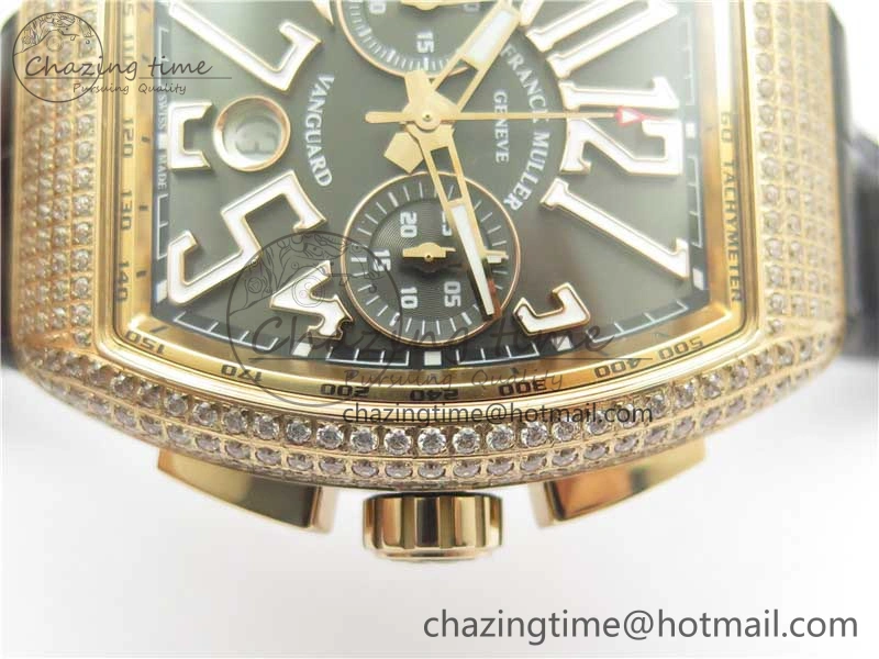 Compact Vanguard V45 Chrono RG Pave Crystals Gold Inner Bezel ABF Best Edition Black Dial on Leather Strap A 6532