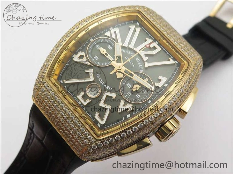 Compact Vanguard V45 Chrono RG Pave Crystals Gold Inner Bezel ABF Best Edition Black Dial on Leather Strap A 6532