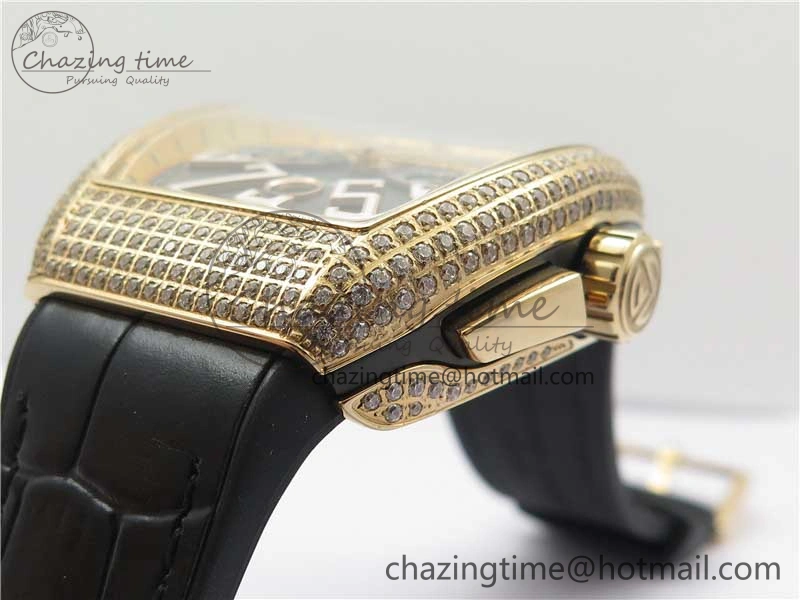 Compact Vanguard V45 Chrono RG Pave Crystals Gold Inner Bezel ABF Best Edition Black Dial on Leather Strap A 6532